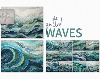 May include: A digital collage of quilted fabric depicting ocean waves in shades of blue, green, and white. The text "quilted WAVES" is displayed in a large font.