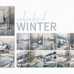 Broderie d'hiver - Paysages enneigés au fil - Scènes de cabane et de forêt - Broderie bleu et blanc doux - Textures de point de campagne