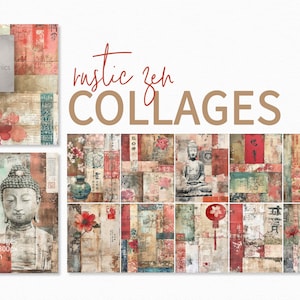 May include: A digital collage of 12 images featuring a rustic zen theme. The collage includes images of Buddha, flowers, and Chinese characters on a textured background.