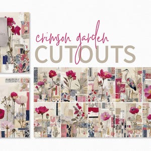 Könnte beinhalten: Eine Collage aus floralen Ausschnitten mit Aquarellästhetik. Die Bilder zeigen leuchtend karmesinrote Blumen, botanische Elemente und einen Mix aus Texturen. Der Text "Crimson Garden Cutouts" ist in einer dekorativen Schriftart dargestellt.