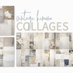 Vintage kimonocollages - Zachte neutrale bloemen - Verouderd Japans textiel - Subtiele papierlagen - Vervaagde indigo- en crèmetinten