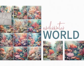Unterwasserwelt – Gemalte Korallenriff-Hintergründe – Kunst über das Leben am Meeresboden – Leuchtende tropische Meerespflanzen und Muscheln