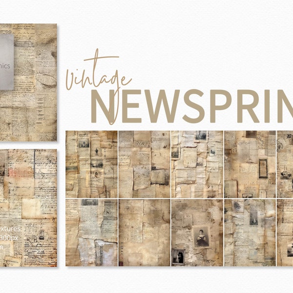 Vintage Newsprint - Digital Painted Newspaper Clippings - Images of Old Newsprint - Newspaper Backgrounds - Antique Newsprint Textures