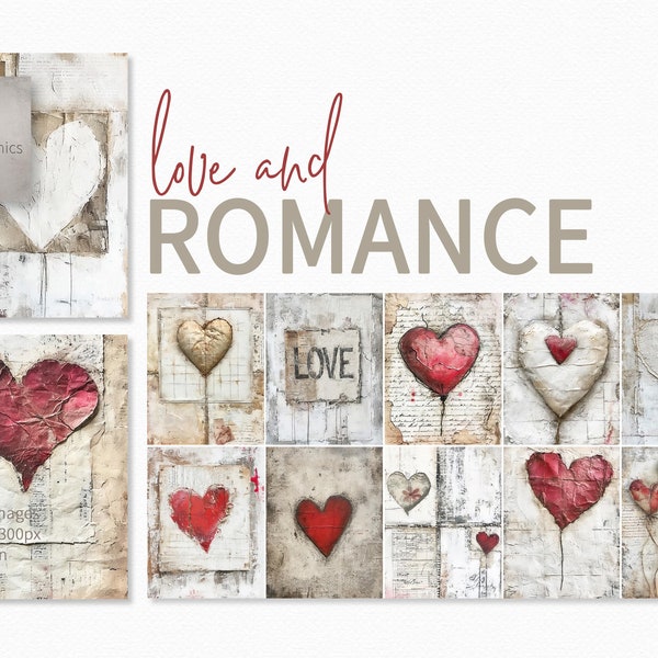 Love and Romance Paintings - Valentine's Day Junk Journal Collages - Neutral Heart Texture Collage Paintings - Mixed Media Heart Collages