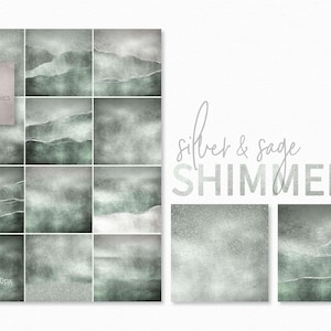 Brillantini argento e salvia – Strati di texture verde metallizzato – Effetti carta strappata – Velo glitterato sottile – Superfici ispirate alla lamina morbida