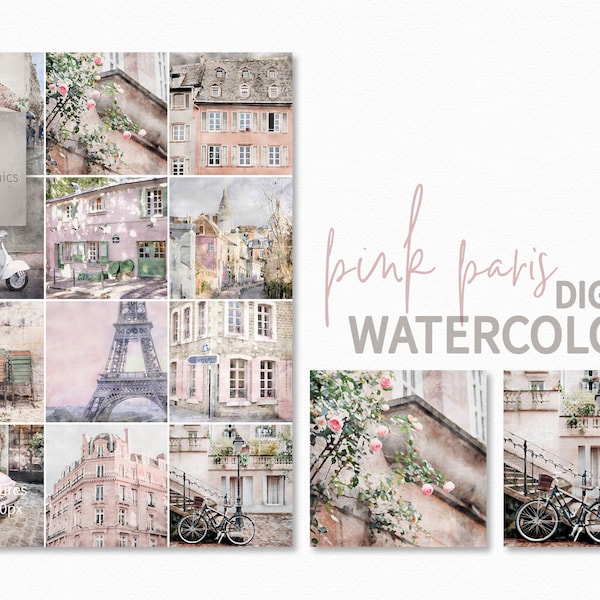 Pink Paris Watercolors - Digital Watercolors of Paris - Paris Scenes - Paris Backgrounds - Sublimation Paris - Paris in shades of Pink