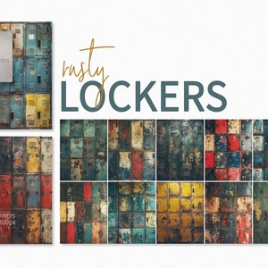 Taquillas oxidadas – Arte vintage de taquillas industriales – Impresiones de metal desgastado grunge – Decoración retro de pared para taquillas escolares – Conjunto de arte industrial urbano