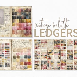 以下が含まれることがあります： さまざまな色の水彩絵の具の見本が描かれた、ヴィンテージの台帳ページをフィーチャーしたデジタルアート。 「vintage palette LEDGERS」というテキストが手書きフォントで表示されています。 「riley B graphics」というテキストのロゴが左上にあります。