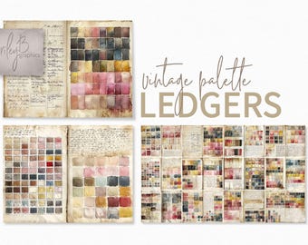 Grands livres de palette vintage - Nuanciers de pages antiques pour cahier de couleurs - Tableaux aquarelle vieillis - Échantillon de peinture ancienne pour grand livre - Étude des couleurs vintage