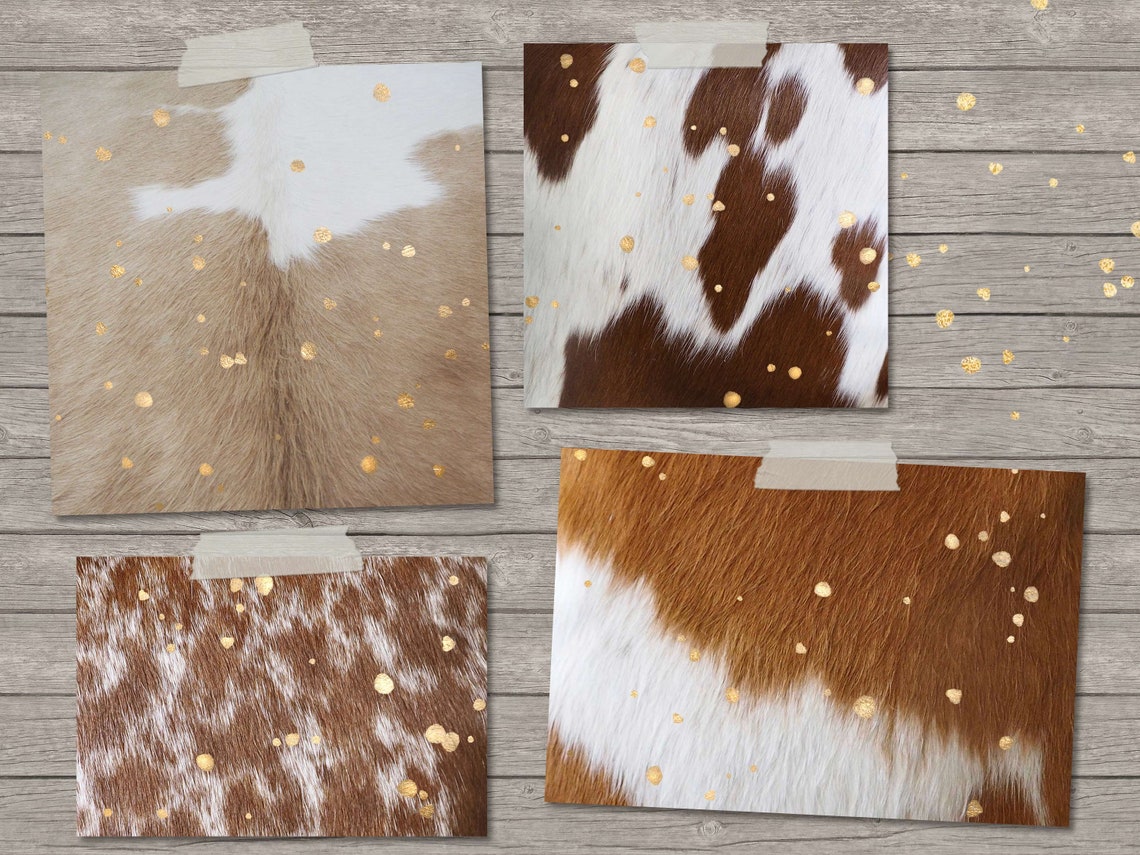 Digital Cowhide Textures With Gold Splatters Cowhide Etsy