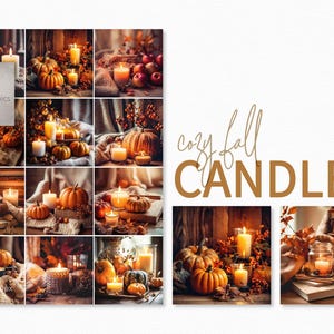 Cozy Fall Candles – Autumn Pumpkin Candle Decor – Warm Hygge Still Life Prints – Rustic Harvest Home Art – Fall Knitted Blanket Books Scene