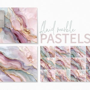 Pasteles fluidos de mármol – Texturas de piedra rosa, azul y menta – Mármol abstracto con vetas doradas – Suaves patrones de ágata en espiral – Diseño de gemas de lujo