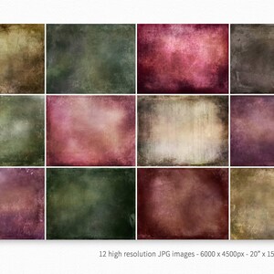 May include: Twelve digital backgrounds in various shades of green, brown, and red. The backgrounds have a textured, vintage look.