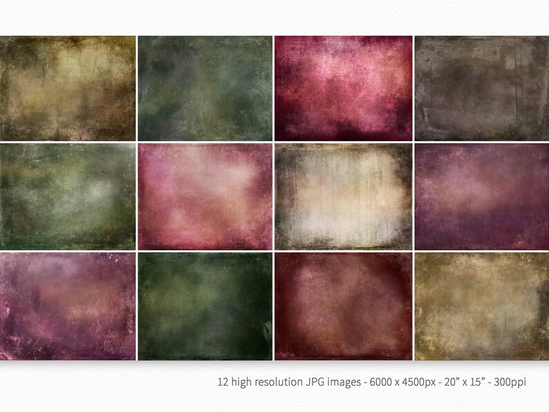 May include: Twelve digital backgrounds in various shades of green, brown, and red. The backgrounds have a textured, vintage look.