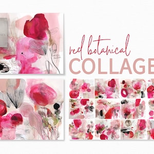 May include: Abstract botanical collages in shades of red, pink, and black. The image features several artistic compositions with floral and organic shapes. Text includes "red botanical COLLAGES" and a logo.