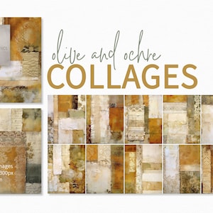 Olivgrüne und ockerfarbene Collagen – Vintage Patchwork-Hintergründe – Neutrale Grüngold-Texturen – Geschichtete antike Musterkunst – Rustikale Collagen