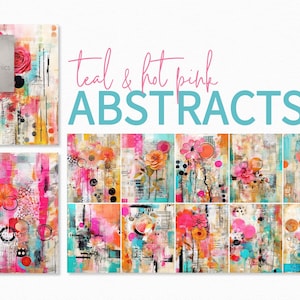 Petrol und Pink Abstrakte Gemälde - Pink Teal Orange Collage Texturen - Helle Blumen Collage Texturen - Lebendige Journal Hintergründe