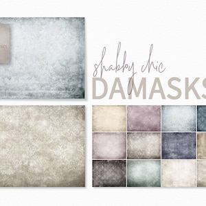 Shabby Chic Damast - Vintage Damast-Texturen in gedämpfter Pflaume und staubigem Blau - Gealterte Blumen in verblassten Neutraltönen - Distressed Damaste