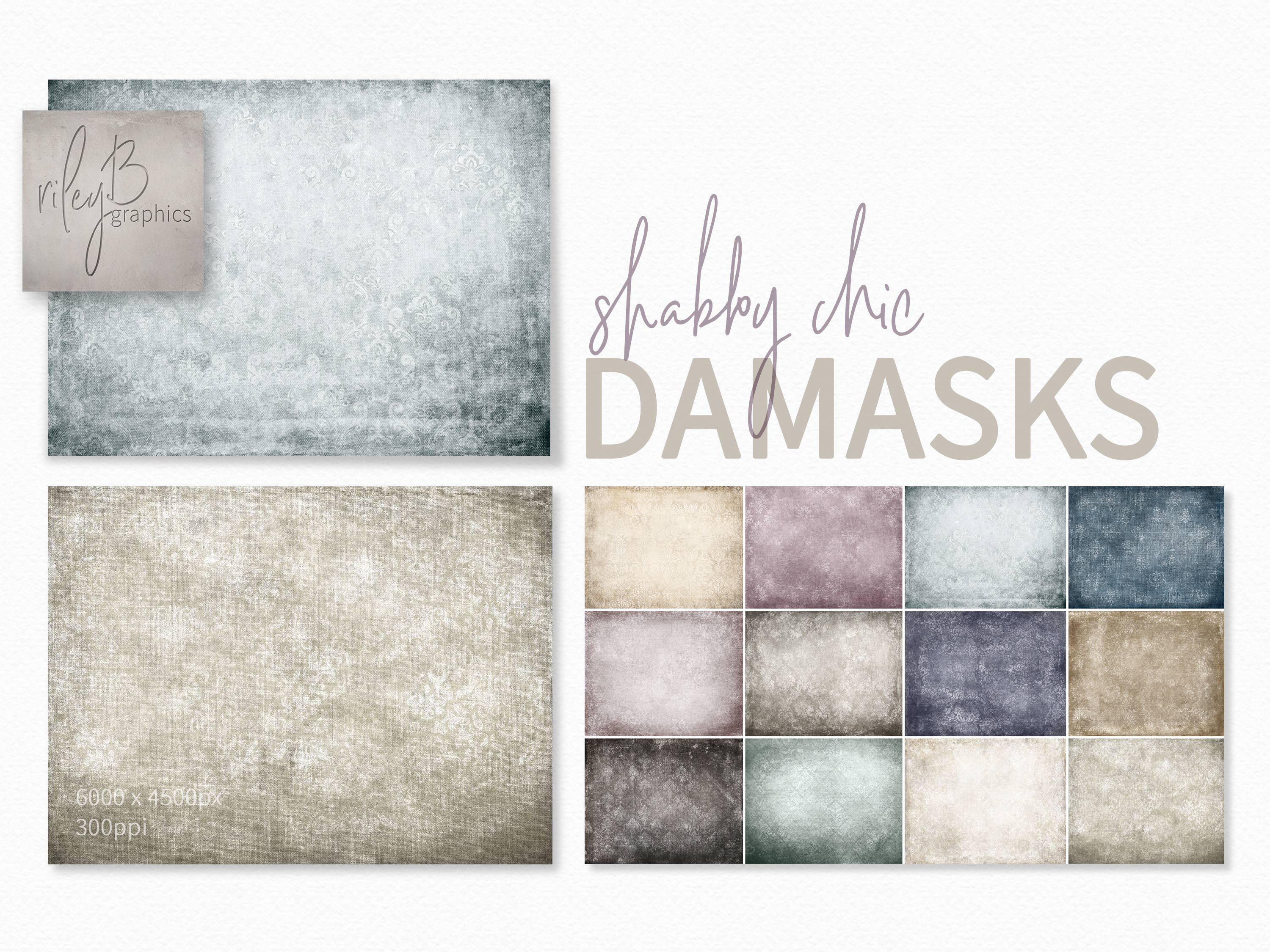 Shabby Chic Damasks – Vintage Damask Textures in Muted Plum and Dusty Blue – Aged Florals in Faded Neutrals – Distressed Damasks