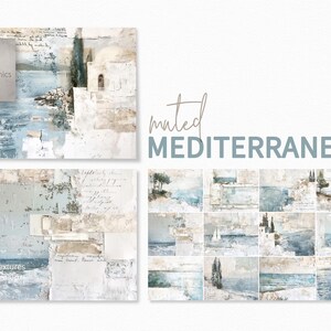 Mediterráneo apagado – Capas de textura de la Grecia costera – Letras descoloridas y vistas al mar – Costas azul pálido con arquitectura vintage