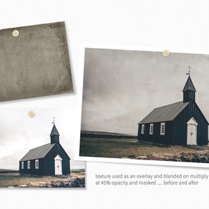 May include: A black church with a white door and a steeple against a cloudy sky. The church is surrounded by grass and a stone wall. The image is a before and after comparison of a texture overlay.