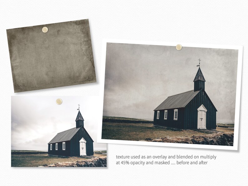 May include: A black church with a white door and a steeple against a cloudy sky. The church is surrounded by grass and a stone wall. The image is a before and after comparison of a texture overlay.