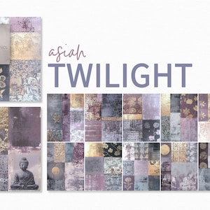 Asian Twilight - Boeddhakunst - collagekunst goud en paars - mixed media - zenmuurkunst - metallic texturen - rustig decor - zensereniteit