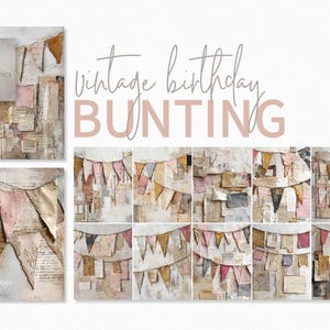 Bandierine di compleanno vintage – Bandierine collage neutre – Bandierine rosa e ocra sbiadite – Bandierine di carta strappata – Ghirlande antiche – Striscioni invecchiati
