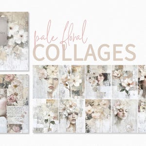 Bleke bloemencollages – Zachte botanische portretten – Fijne vintage bloemen – Subtiele textuurlagen – Blush en crème bloemenstudies