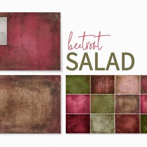 Peut inclure: Un ensemble de 12 fonds d'écran numériques dans des tons rouges, bruns et verts. Les fonds d'écran ont un aspect vieilli et texturé. Le texte "beetroot SALAD" est affiché au-dessus des fonds d'écran.
