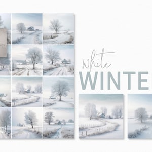 Könnte beinhalten: Eine Collage aus 12 Winterlandschaftsbildern mit verschneiten Szenen mit vereisten Bäumen, Häusern und gewundenen Wegen. Der Text "white WINTER" wird in der Mitte des Bildes angezeigt.