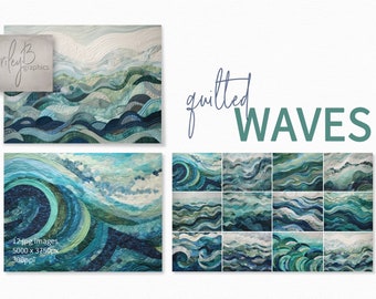 Quilted Waves Images - Quilted Effect Waves - Waves in Shades of Blues - Fabric Textured Wave Images - Dreamy Waves - Abstract Waves