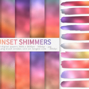 May include: A set of 10 digital papers and 10 brush strokes in shades of pink, orange, and purple with a metallic shimmer effect. The papers are 3600 x 3600 pixels and 300 dpi. The brush strokes are 12 inches on the longest side and 300 dpi.