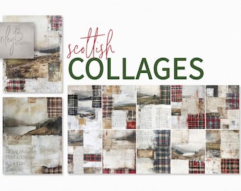 Scottish Tartans – Rustic Plaid and Landscape Collage Art – Vintage Highland Scenery – Red and Navy Tartan Wall Decor – Scottish Plaid