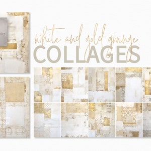 Weiß- und Goldgrunge-Collagen - Vintage texturierte Kunst - Subtile Mixed Media-Schichten - Rustikale Goldakzente - Abgenutzte Papier- und Stoffdetails