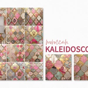 May include: Digital art prints featuring a Moroccan Kaleidoscope design. The image showcases a repeating quatrefoil pattern in pink, gold, teal, and grey. The text "Moroccan Kaleidoscope" and "riley B graphics" are included.