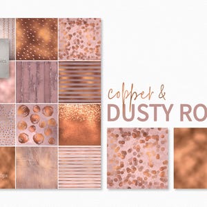 May include: A digital paper pack featuring 12 different patterns in shades of copper and dusty rose. The patterns include stripes, polka dots, glitter, and wood grain.