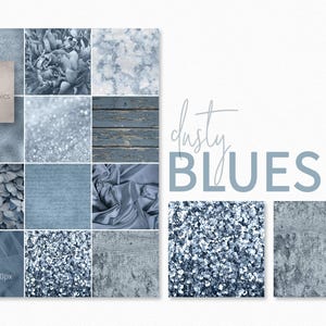 Staubige Blautöne – Blauer Satinstoff und Glitzertexturen – Schmutzblaue, verwitterte Holz- und Blumenmotive – Eisblaue Blütenblätter und bemalte Oberflächen