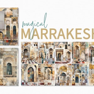 Peintures magiques de collage de Marrakech - collages de journaux - peintures de collage marocaines discrètes - collages de techniques mixtes sur l'architecture de Marrakech
