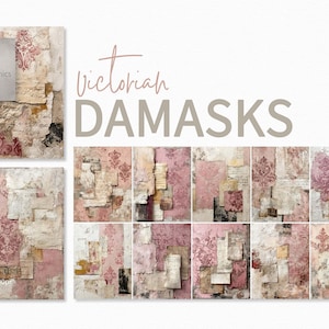Könnte beinhalten: Digitale Kunst mit viktorianischen Damastmustern in Rosa, Beige und Creme. Die Designs beinhalten florale Motive und Texturen von gealtertem Papier. Der Text "Victorian DAMASKS" und "riley B graphics" ist enthalten.