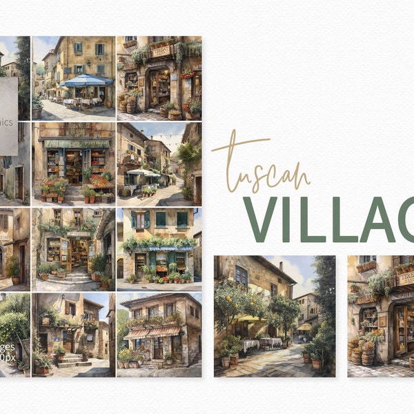 Tuscan Village Watercolors - Tuscan Digital Watercolors - Digital Italian Scenes - Italian Villages Watercolors - Tuscan Backgrounds