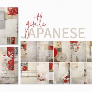 Pinturas de collage japonesas delicadas - Collages de revistas basura - Pinturas de collage con texturas neutras y rojas - Collages de técnica mixta en beige y rojo