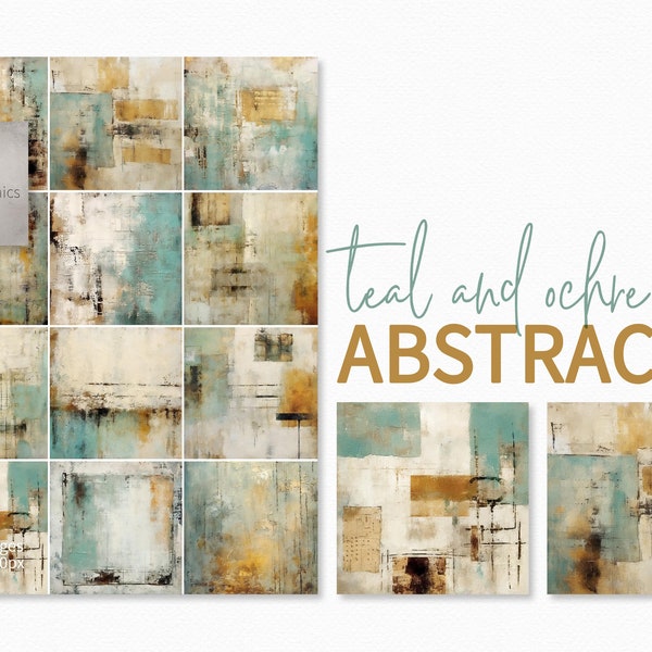 Teal and Ochre Digital Abstract Paintings - Teal and Ochre Grunge Textures - Grungy Backgrounds - Teal and Ochre Grungy Backdrops