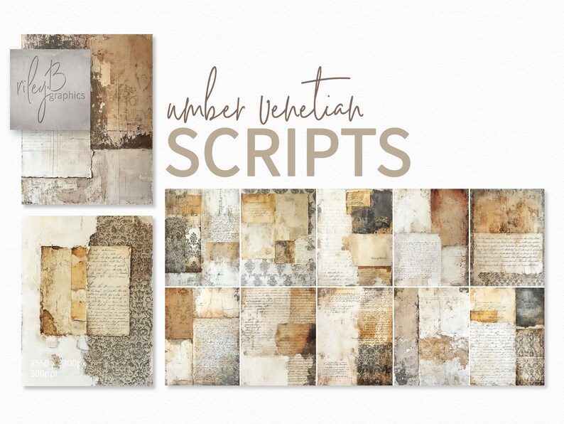 Venicitan Script Umber Venetian Scripts - Aged Paper Collage - Vintage Writing Textures ...