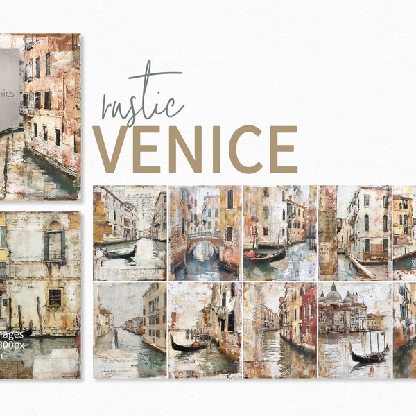 Rustic Venice Paintings - Junk Journal Collages - Venetian Canals Paintings - Mixed Media Venetian Collages - Printable Collage Paper