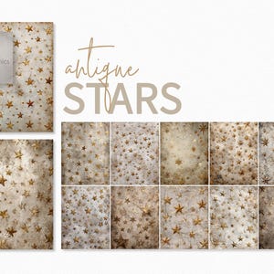 May include: Digital art featuring a collection of antique star backgrounds. The backgrounds have a textured, aged appearance with scattered gold stars. The words "antique stars" are displayed in a stylized font.