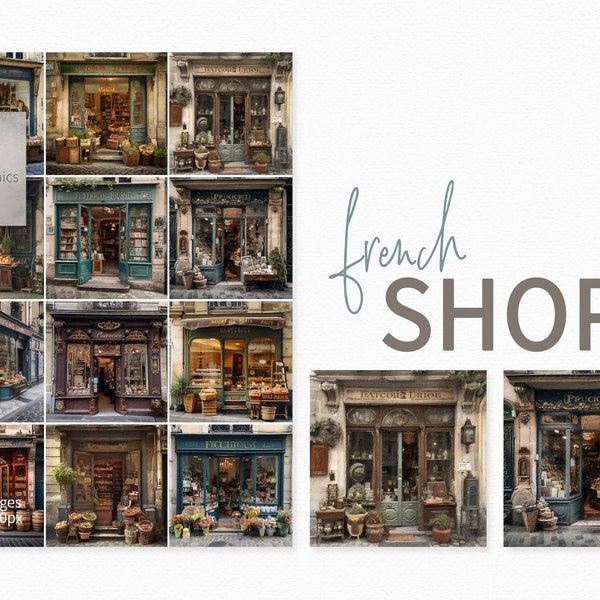 French Shops Paintings - French Stores Digital Paintings - Digital French Shop Fronts - French Bakery, Cheese Shop, Book Shop