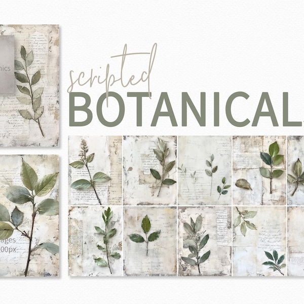 Scripted Botanical Collage Paintings - Junk Journal Collages - Neutral Texture Collage Paintings - Mixed Media Beige and Leaf Collages
