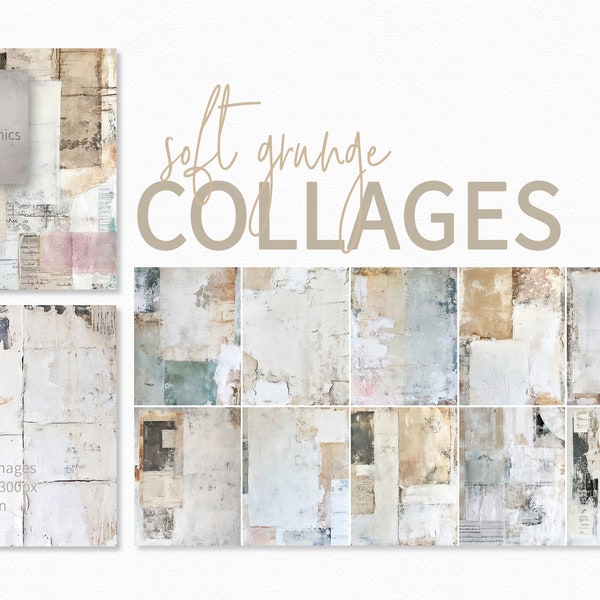 Soft Grunge Collage Paintings - Junk Journal Collages - Collage Paintings - Mixed Media Soft Neutral Collages - Printable Collage Paper