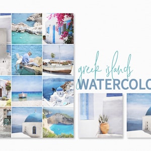 Aquarelle von den griechischen Inseln – Santorini Blue Domes – Ägäische Meeresansichten – Weißgetünchte Gebäude – Küstenfischerboote – Bougainvilleastraßen